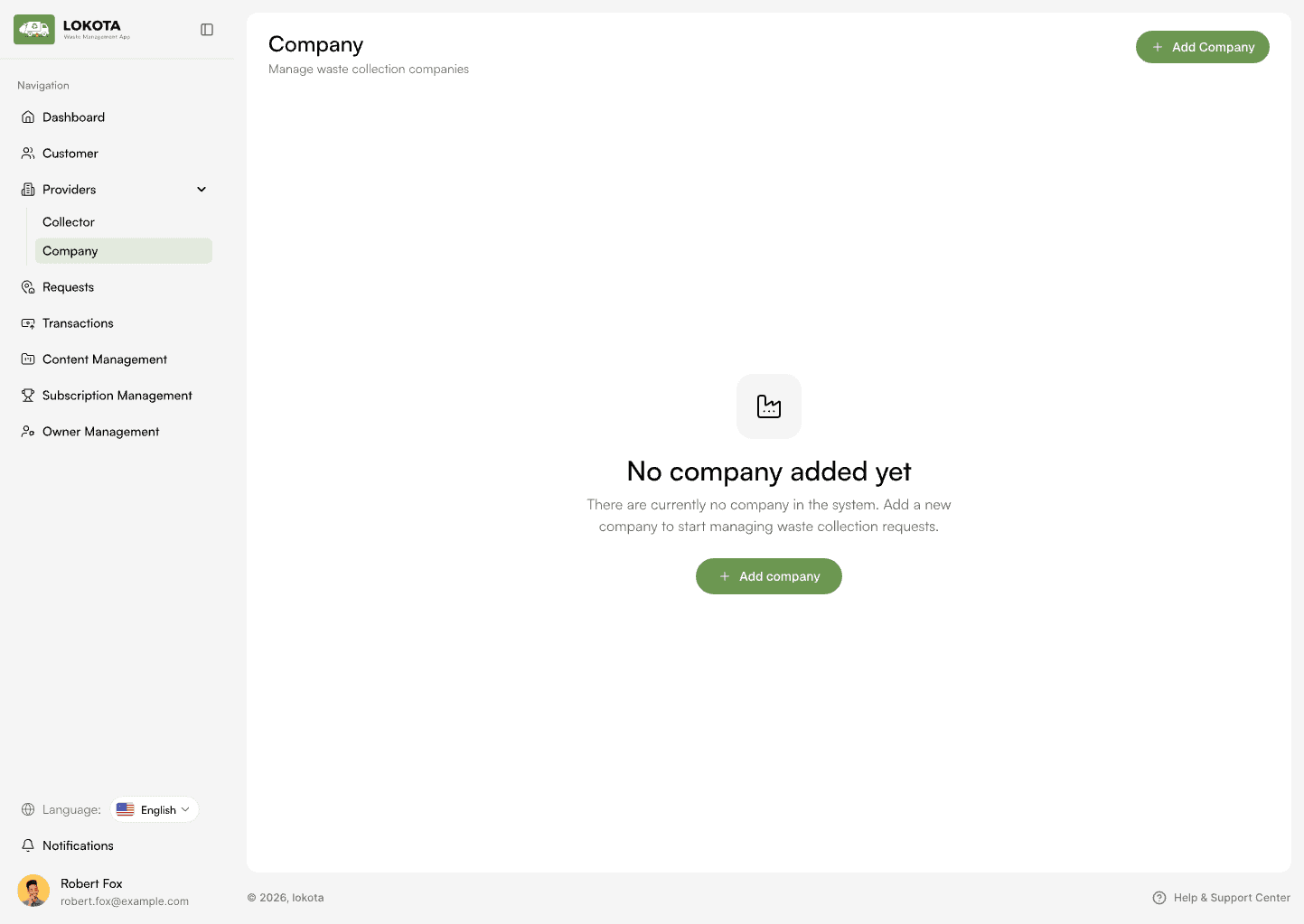 Admin — companies, empty state