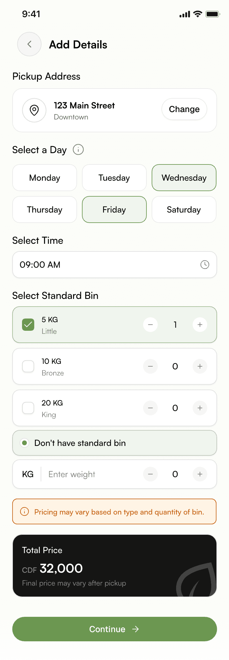 Add details — day, time, bin size