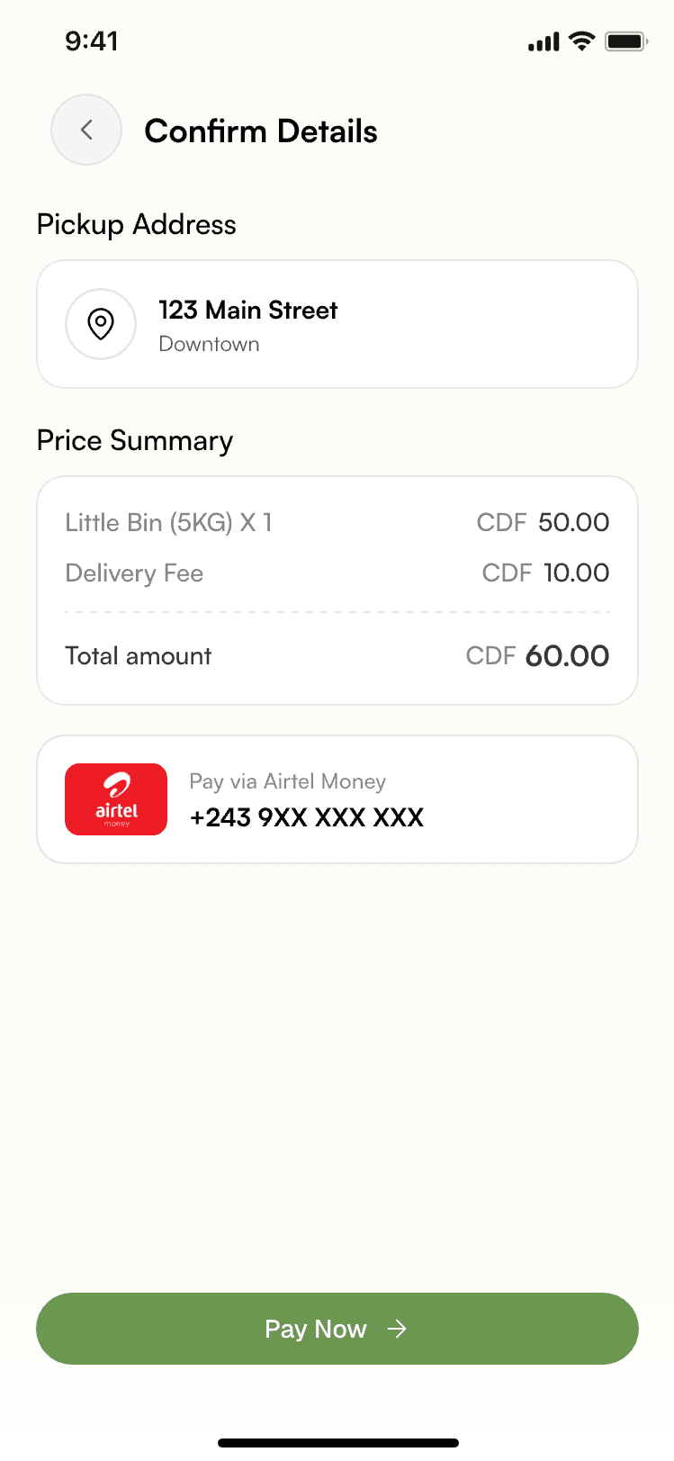 Confirm details — pickup address and price summary