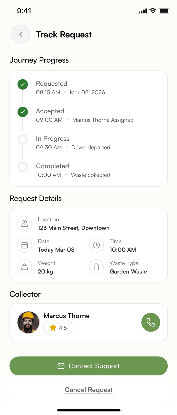 Track request — journey progress, details, collector